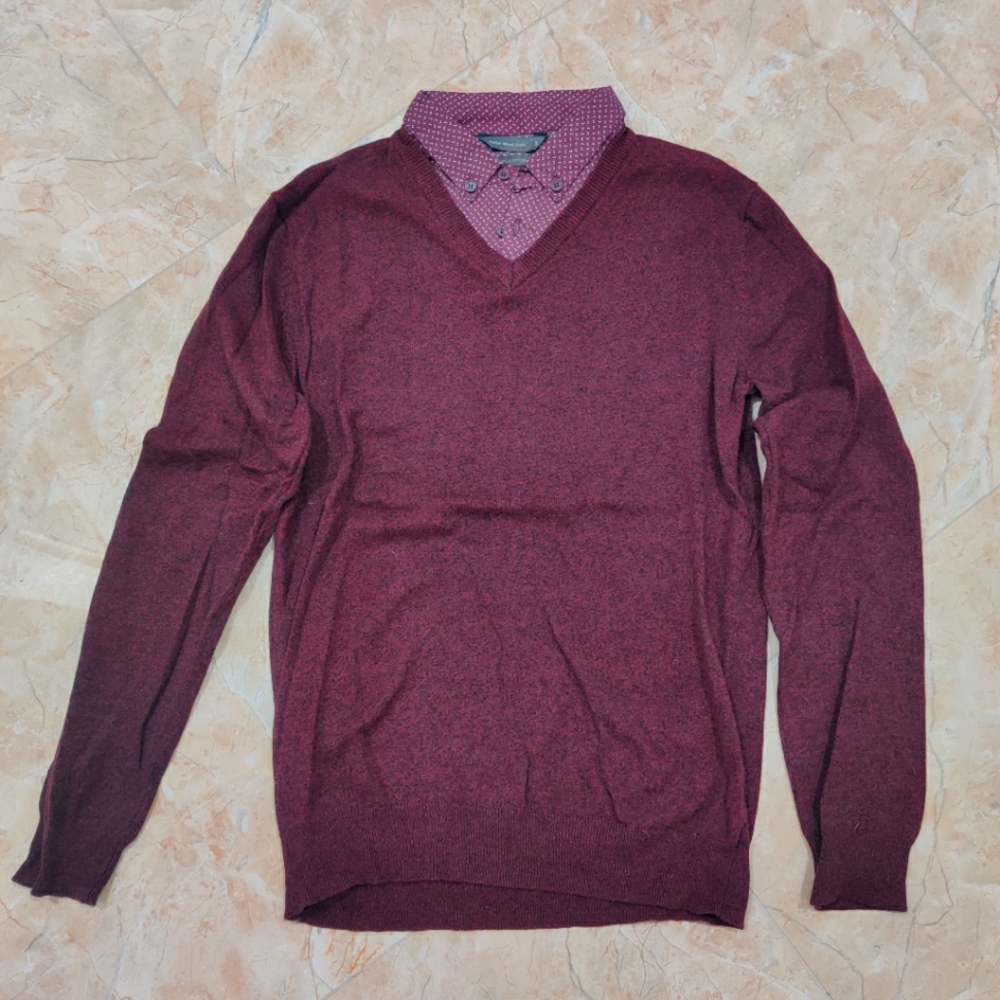 Maroon Burgundy Long Sleeve Sweater with Dual Shirt Collar